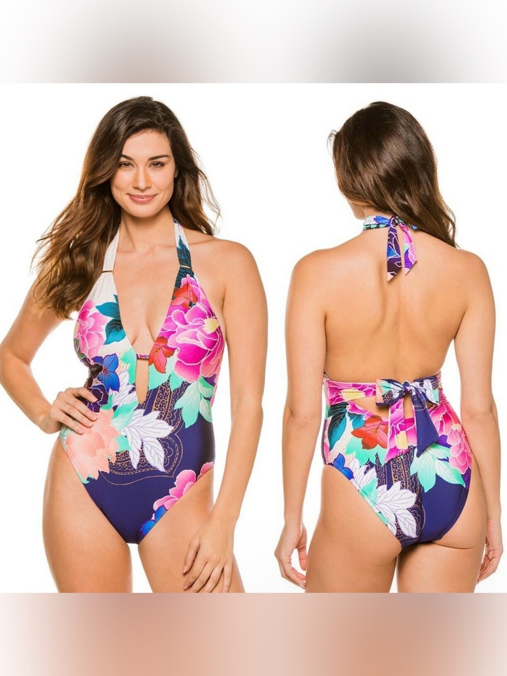 Trina Turk Opulent Oasis Plunge One-Piece Swimsuit Size 12 US